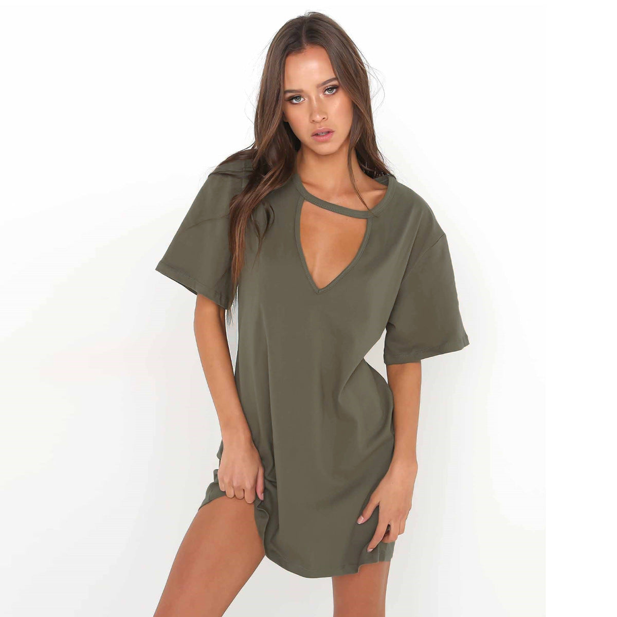 USA SIZE Cotton three-color loose short-sleeved V-neck hollow sexy shirt