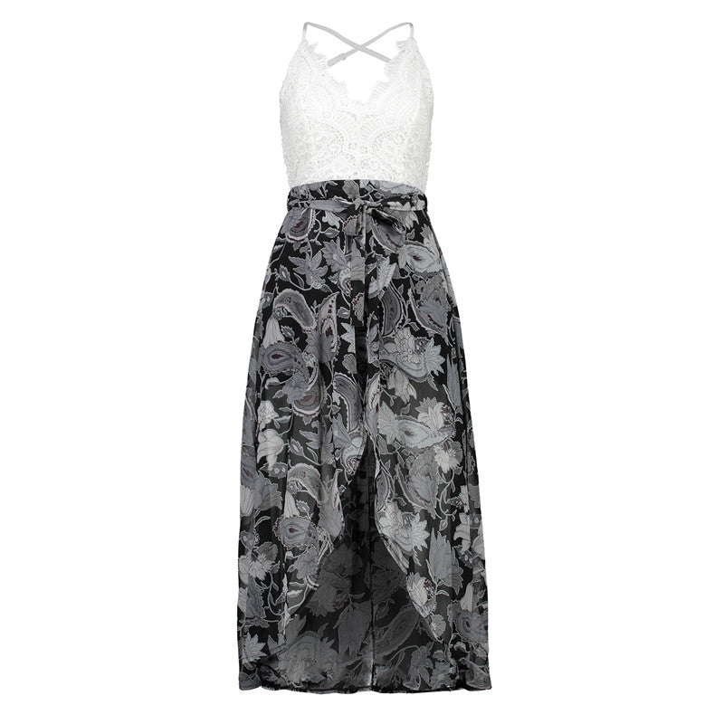 USA SIZE Lace stitching printed sling V-neck holiday beach long skirt split cheongy dress