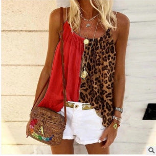 Ladies Leopard Print Stitching U-Neck Strap Chiffon Shirt