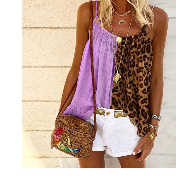 Ladies Leopard Print Stitching U-Neck Strap Chiffon Shirt