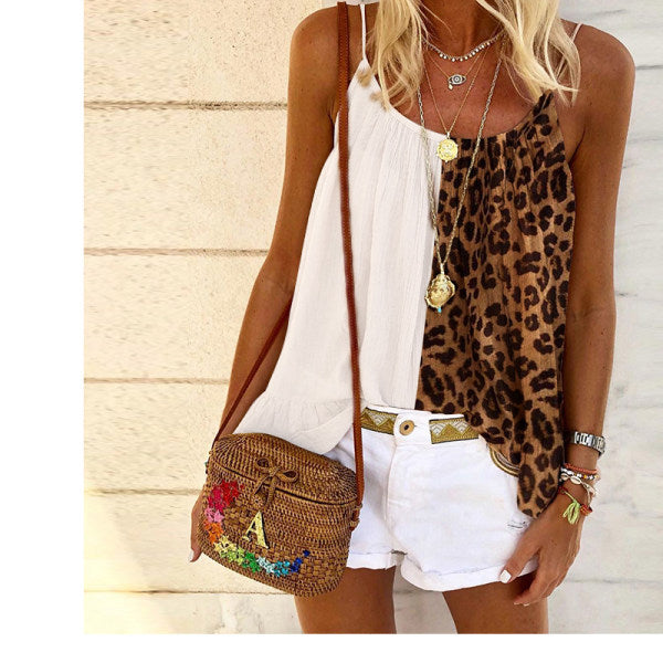 Ladies Leopard Print Stitching U-Neck Strap Chiffon Shirt