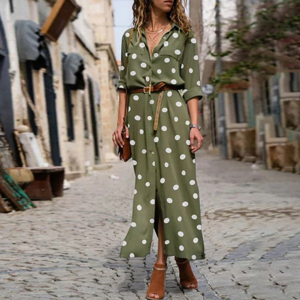 Ladies Fashion Casual Polka Dot Maxi Shirt Dress
