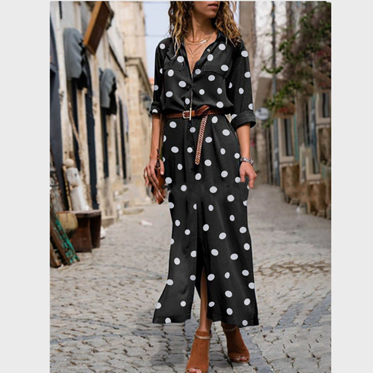 Ladies Fashion Casual Polka Dot Maxi Shirt Dress