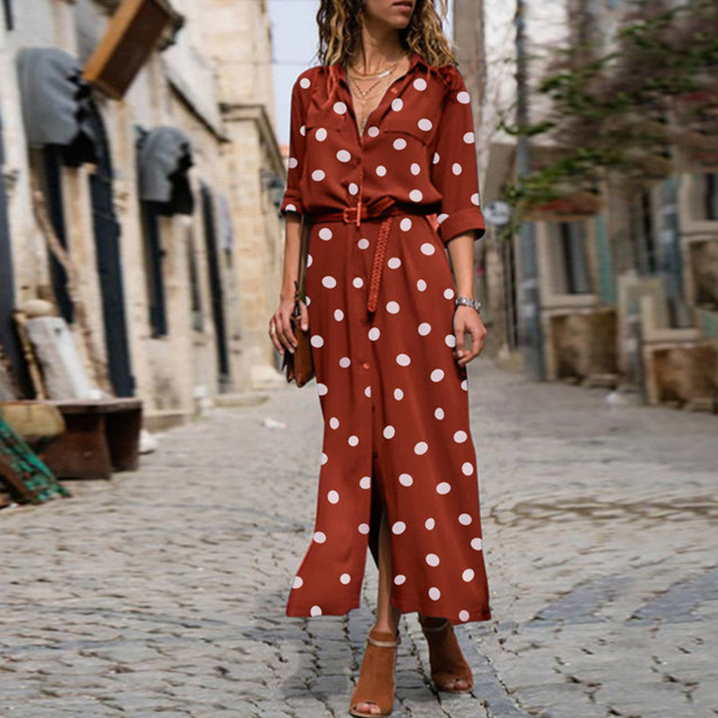 Ladies Fashion Casual Polka Dot Maxi Shirt Dress