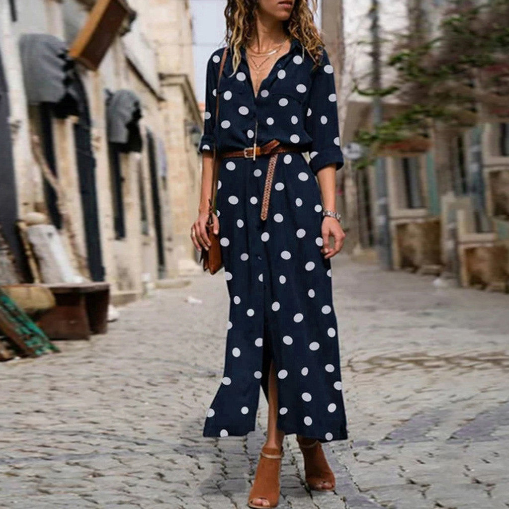 Ladies Fashion Casual Polka Dot Maxi Shirt Dress