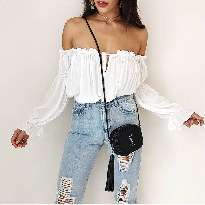 USA SIZE One-shoulder ruffled beach blouse puff sleeves with chiffon shirt top