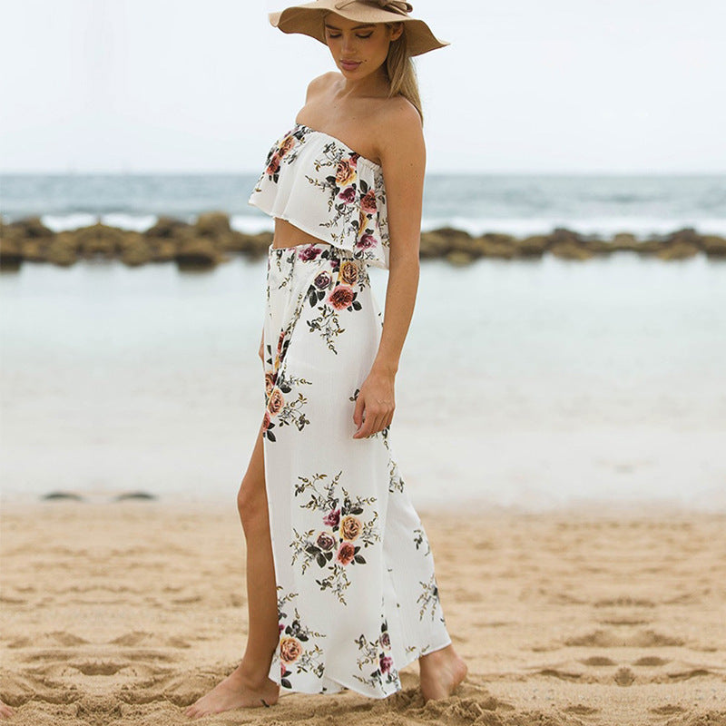 Summer large size women's European and American chiffon printing split loose wide leg pants casual pants