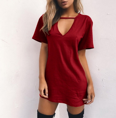 USA SIZE Cotton three-color loose short-sleeved V-neck hollow sexy shirt