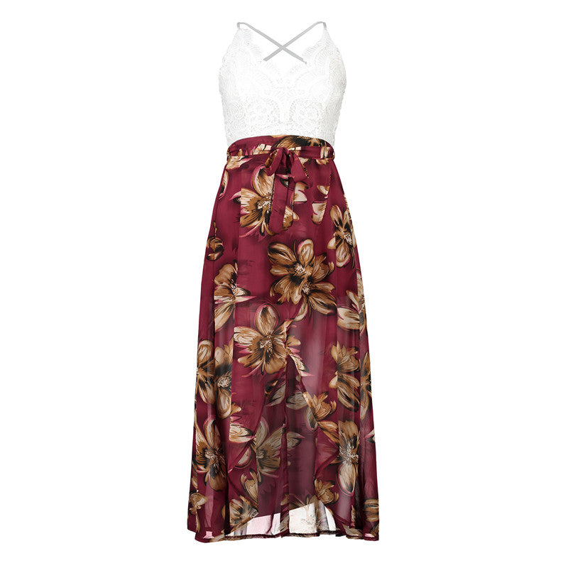 USA SIZE Lace stitching printed sling V-neck holiday beach long skirt split cheongy dress