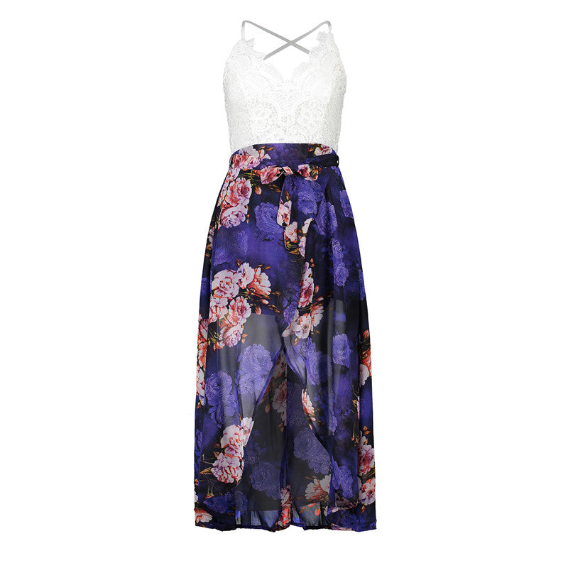 USA SIZE Lace stitching printed sling V-neck holiday beach long skirt split cheongy dress