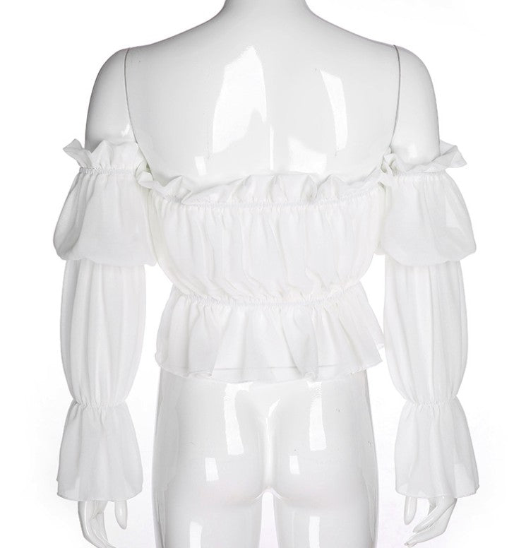 One word collar bubble long sleeves exposed navel mesh T-shirt