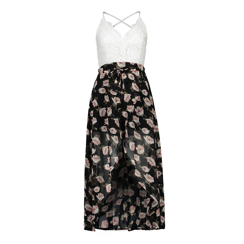 USA SIZE Lace stitching printed sling V-neck holiday beach long skirt split cheongy dress
