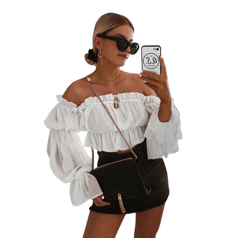 One word collar bubble long sleeves exposed navel mesh T-shirt