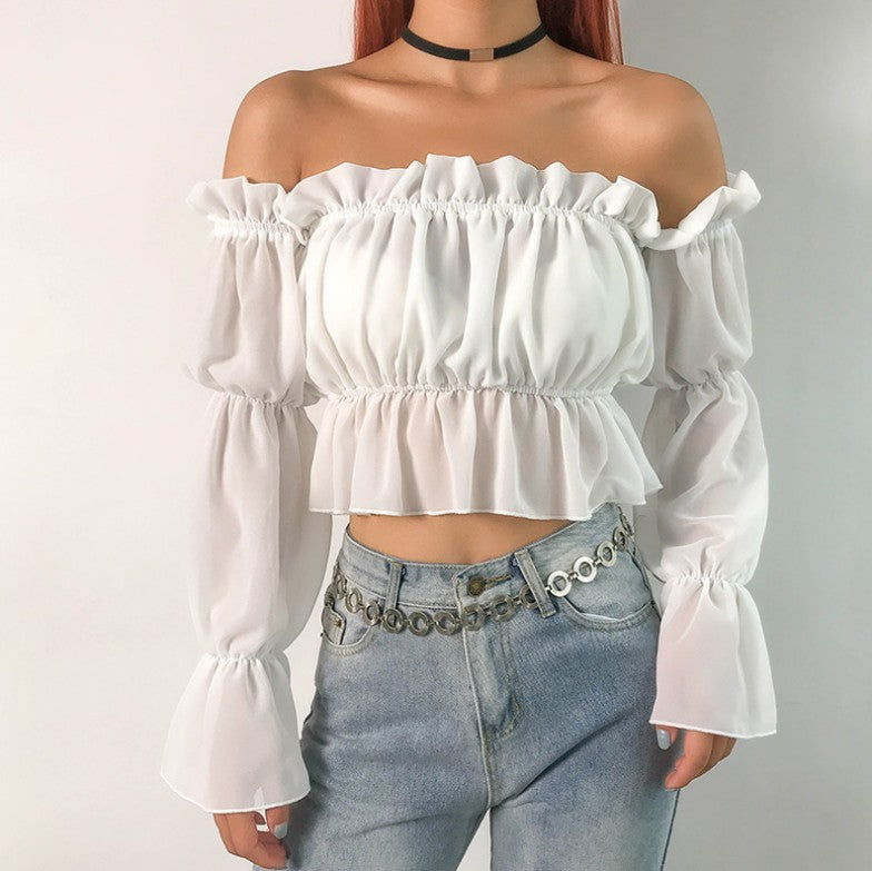 One word collar bubble long sleeves exposed navel mesh T-shirt