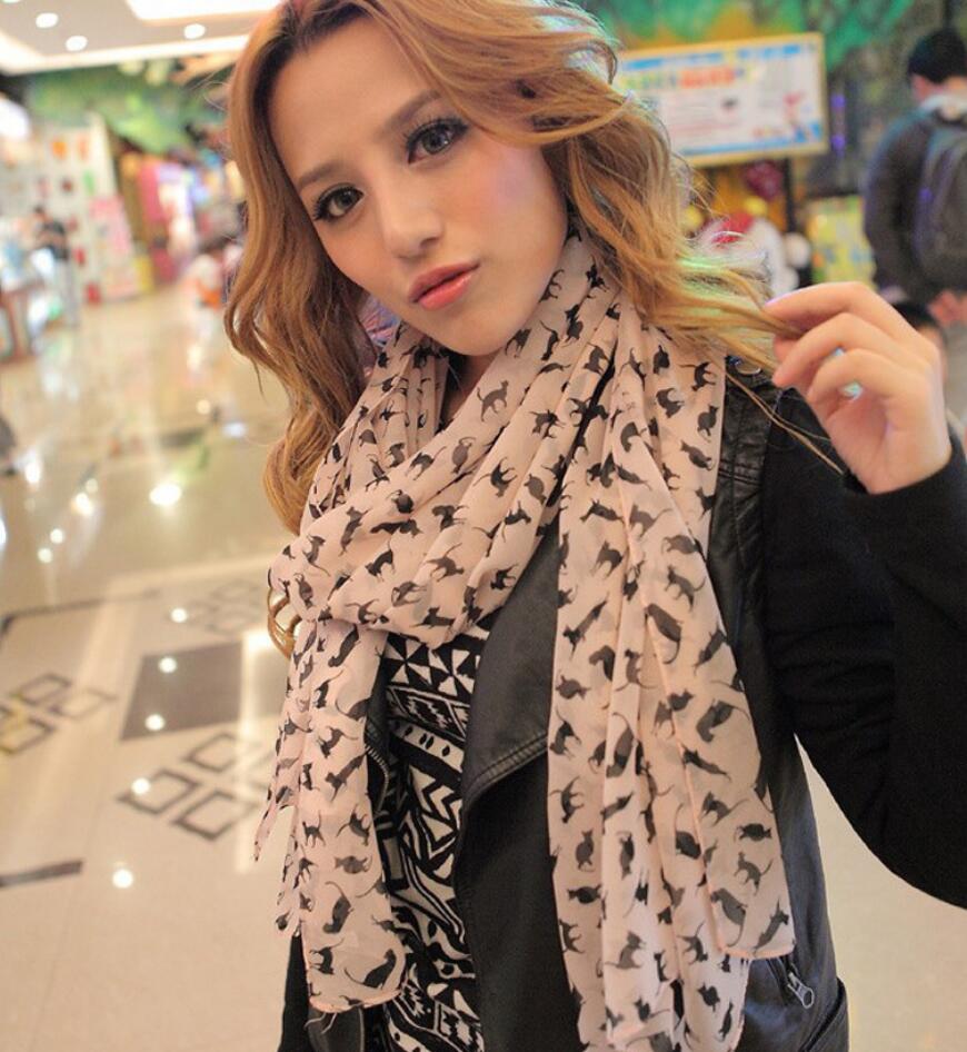 Fashion Chiffon Silk Printed Colorful Cartoon Cat Kitten Graffiti Scarf