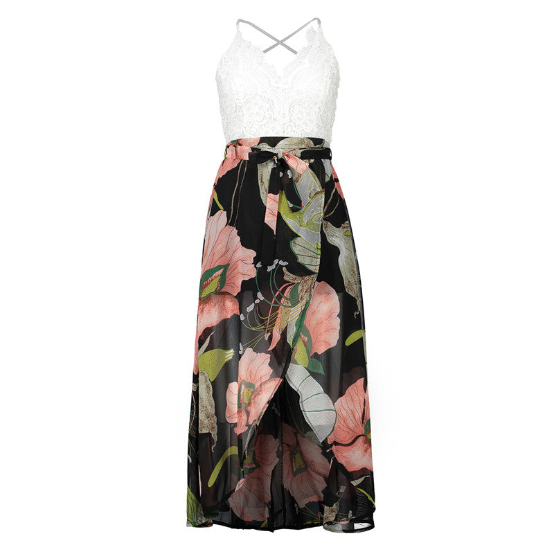USA SIZE Lace stitching printed sling V-neck holiday beach long skirt split cheongy dress