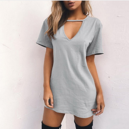 USA SIZE Cotton three-color loose short-sleeved V-neck hollow sexy shirt