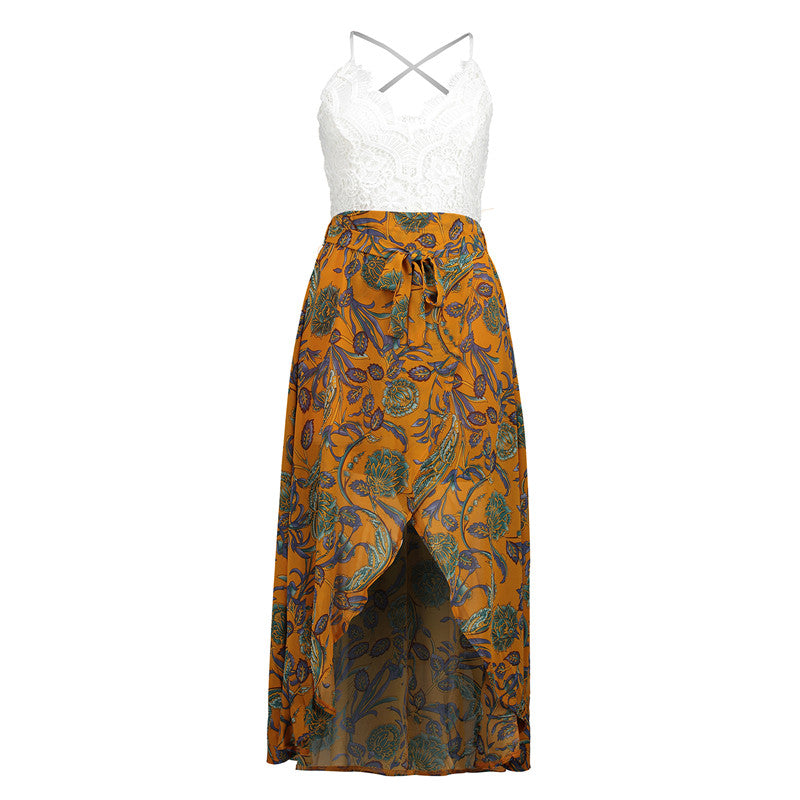 USA SIZE Lace stitching printed sling V-neck holiday beach long skirt split cheongy dress