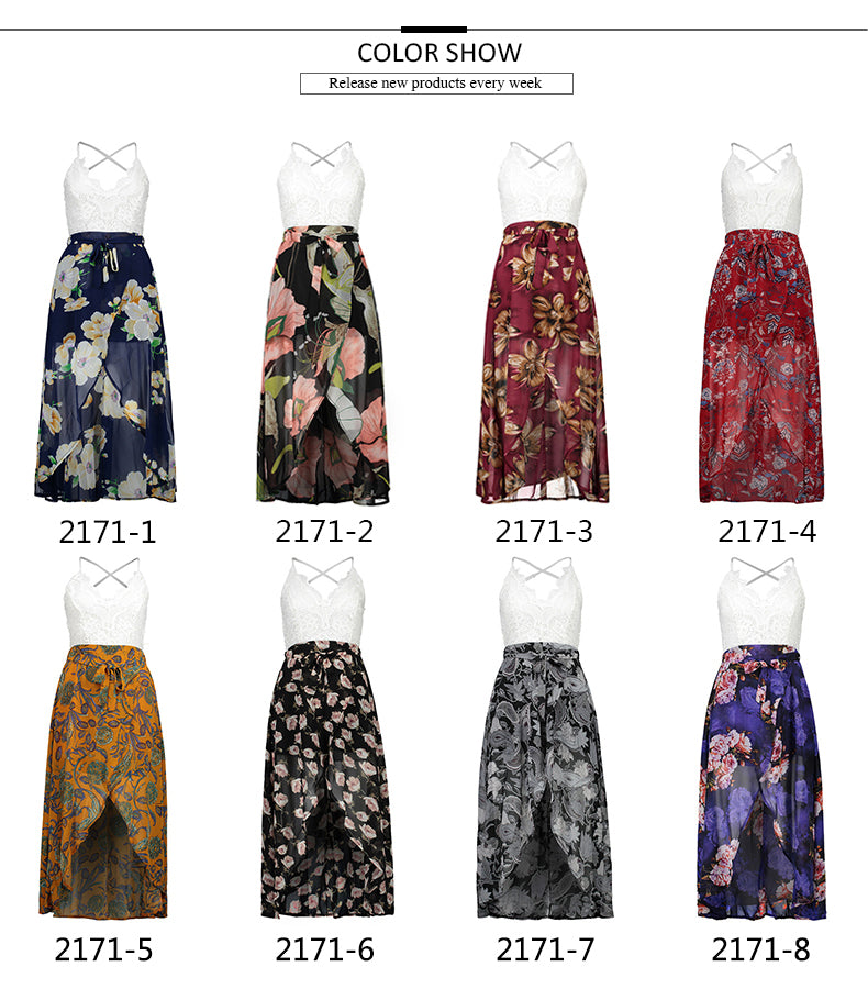 USA SIZE Lace stitching printed sling V-neck holiday beach long skirt split cheongy dress