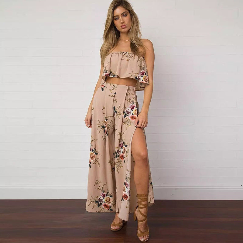 Summer large size women's European and American chiffon printing split loose wide leg pants casual pants