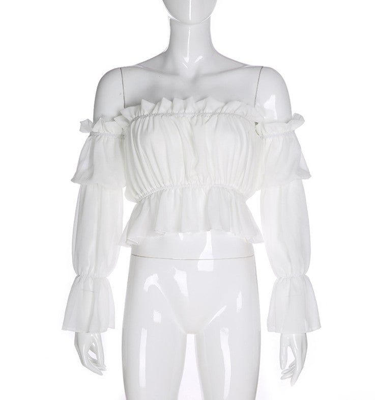 One word collar bubble long sleeves exposed navel mesh T-shirt