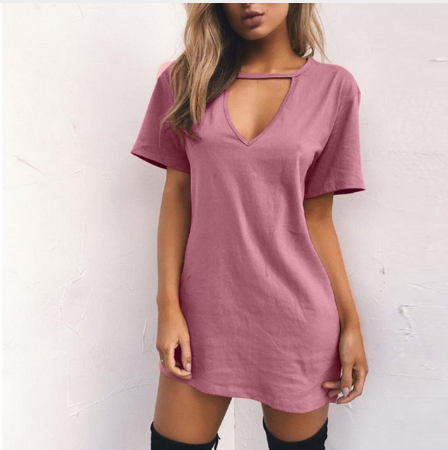 USA SIZE Cotton three-color loose short-sleeved V-neck hollow sexy shirt