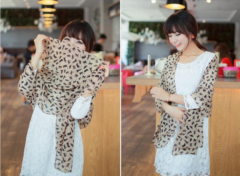 Fashion Chiffon Silk Printed Colorful Cartoon Cat Kitten Graffiti Scarf