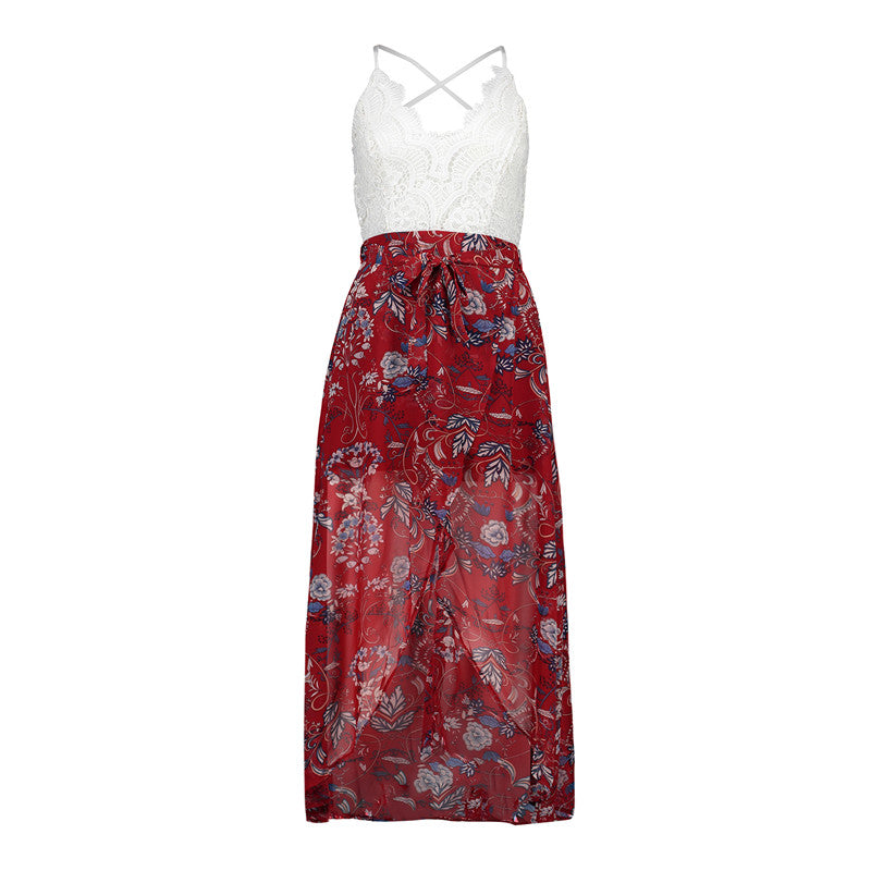 USA SIZE Lace stitching printed sling V-neck holiday beach long skirt split cheongy dress