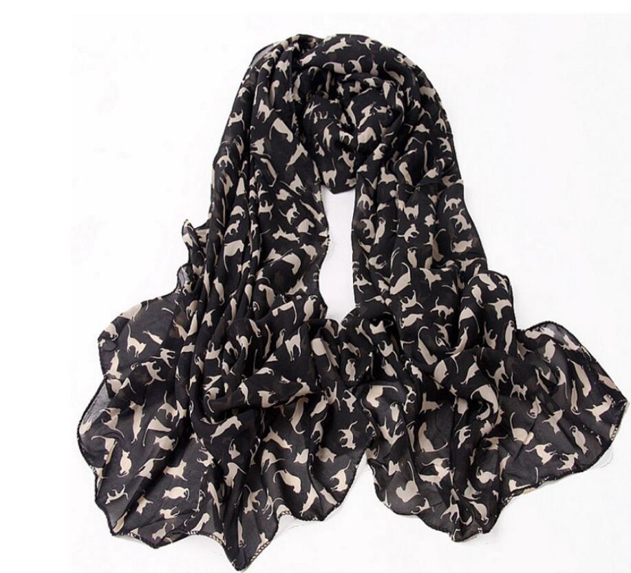 Fashion Chiffon Silk Printed Colorful Cartoon Cat Kitten Graffiti Scarf