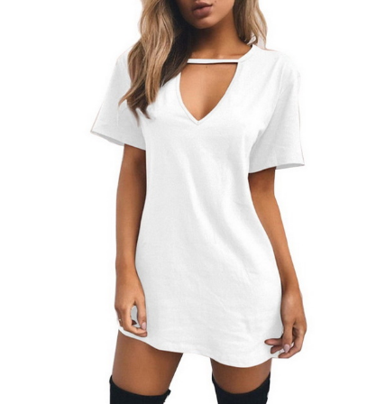 USA SIZE Cotton three-color loose short-sleeved V-neck hollow sexy shirt