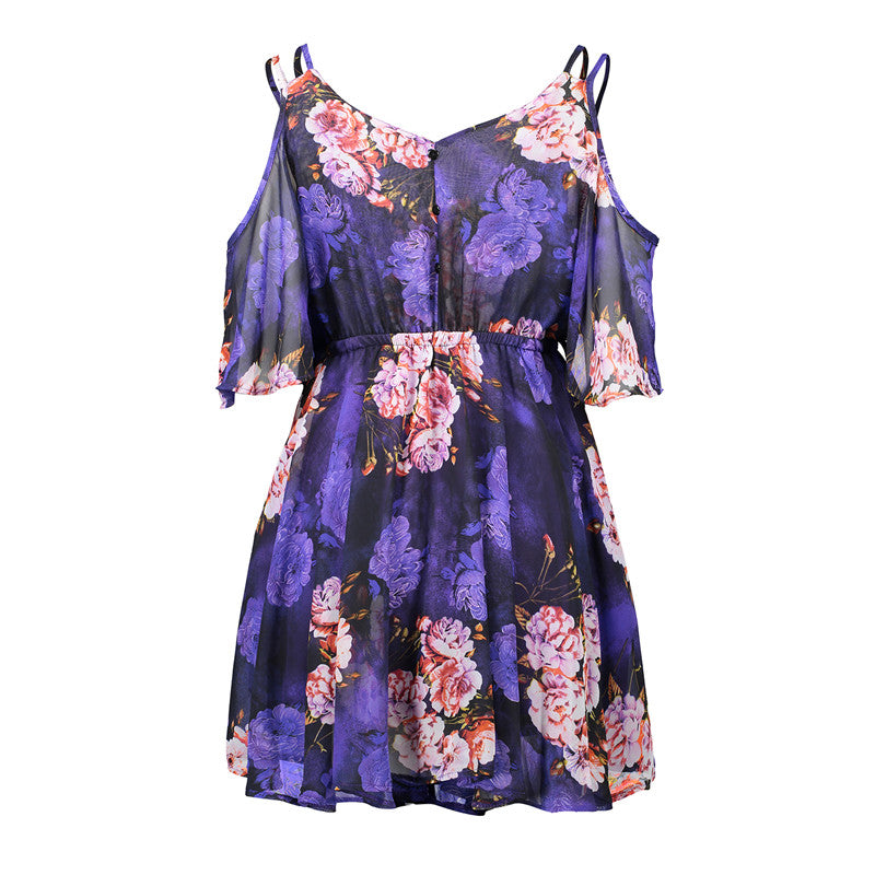 USA SIZE Europe and the United States large size V-neck off-the-shoulder dress skirt print waist ruffled chiffon dress beach skirt