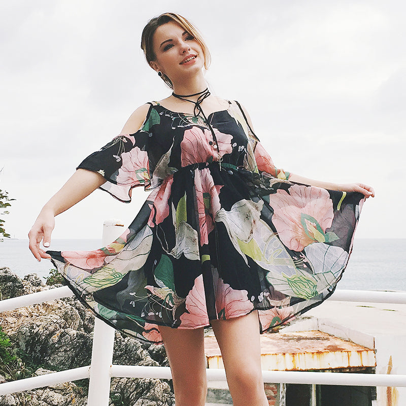 USA SIZE Europe and the United States large size V-neck off-the-shoulder dress skirt print waist ruffled chiffon dress beach skirt