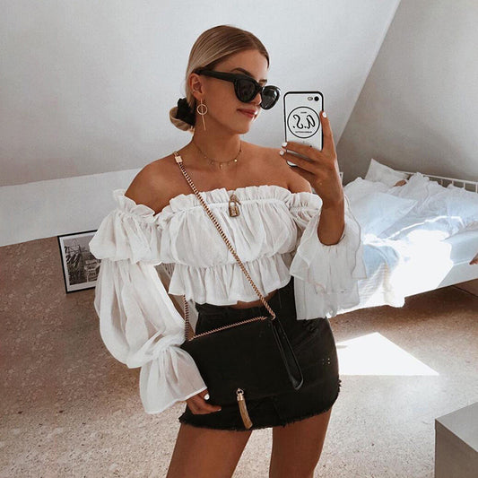 One word collar bubble long sleeves exposed navel mesh T-shirt
