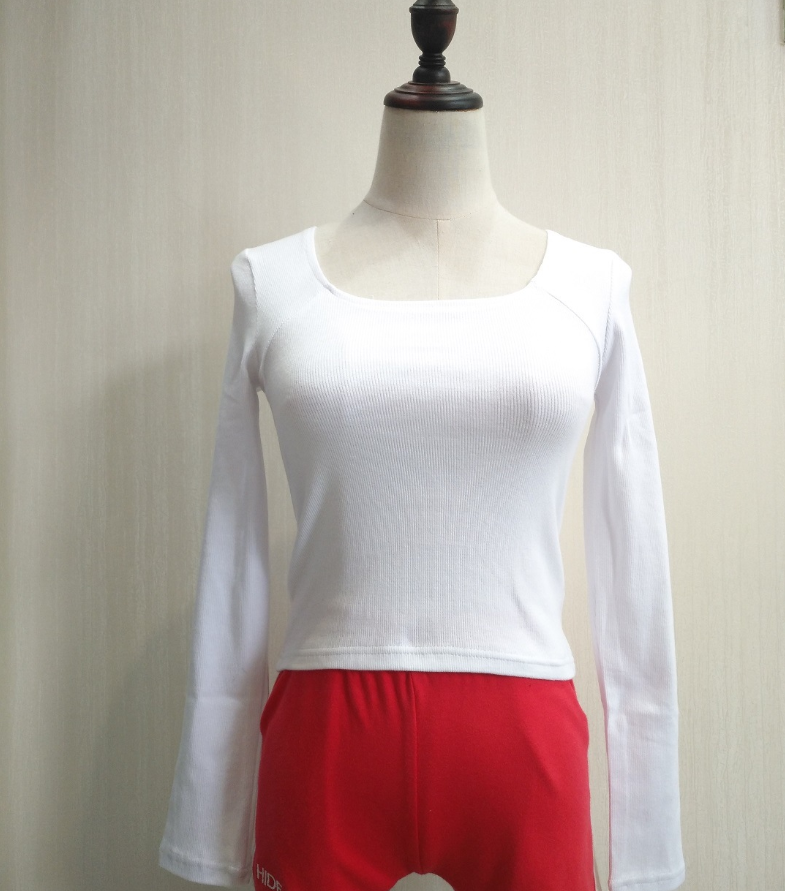 European and American style fashion versatile long-sleeved umbilical high waist thread slim solid color cotton T-shirt
