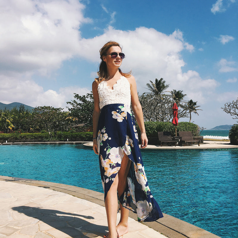 USA SIZE Lace stitching printed sling V-neck holiday beach long skirt split cheongy dress