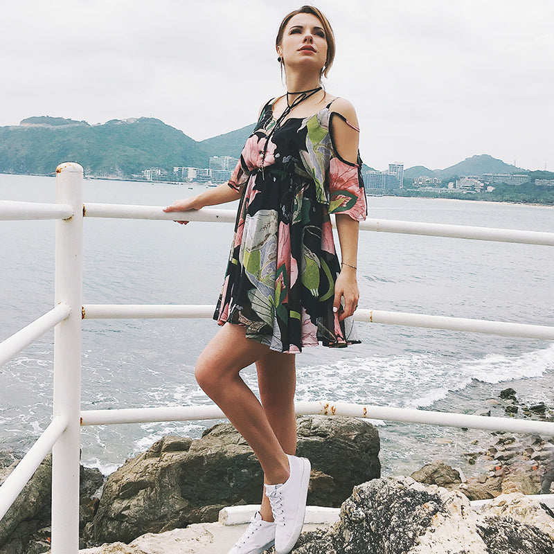USA SIZE Europe and the United States large size V-neck off-the-shoulder dress skirt print waist ruffled chiffon dress beach skirt