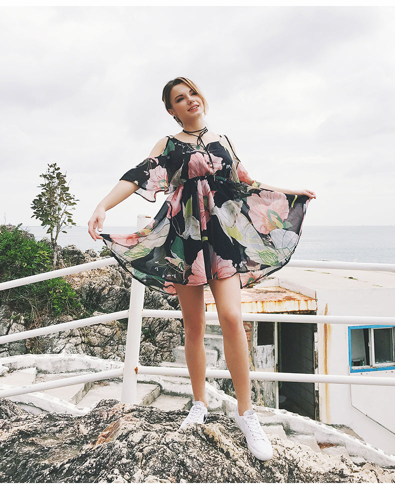 USA SIZE Europe and the United States large size V-neck off-the-shoulder dress skirt print waist ruffled chiffon dress beach skirt