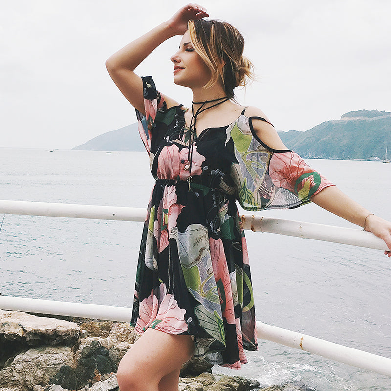 USA SIZE Europe and the United States large size V-neck off-the-shoulder dress skirt print waist ruffled chiffon dress beach skirt