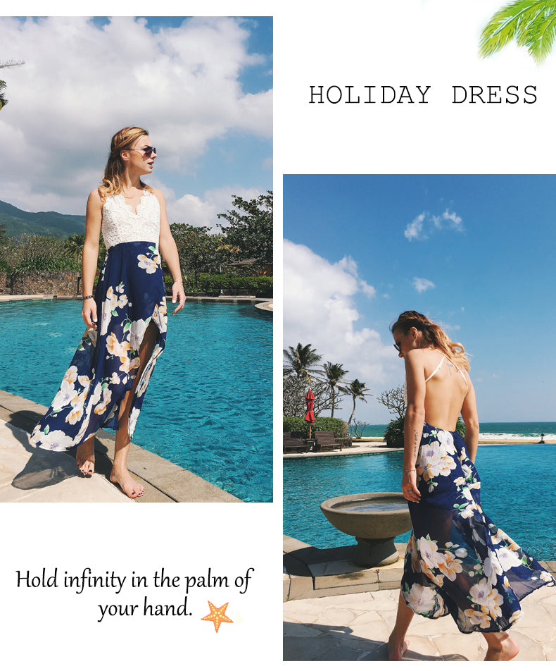 USA SIZE Lace stitching printed sling V-neck holiday beach long skirt split cheongy dress