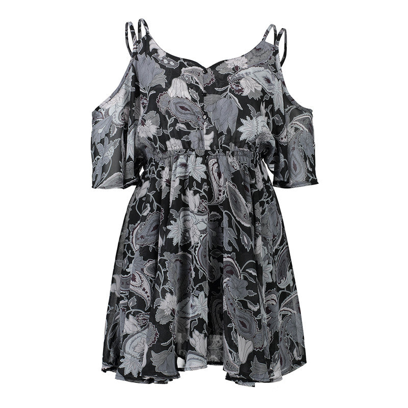 USA SIZE Europe and the United States large size V-neck off-the-shoulder dress skirt print waist ruffled chiffon dress beach skirt