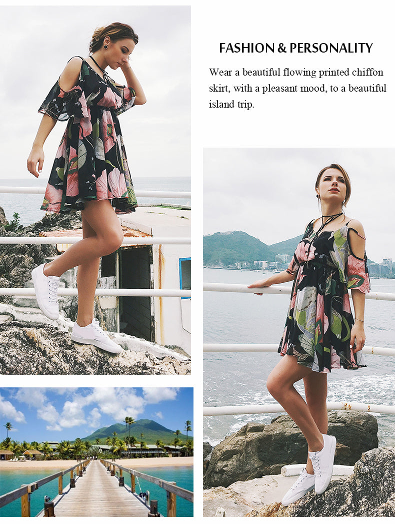 USA SIZE Europe and the United States large size V-neck off-the-shoulder dress skirt print waist ruffled chiffon dress beach skirt