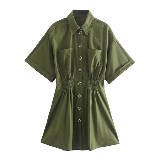 Lapel Short Sleeve Cotton Shirt Dress