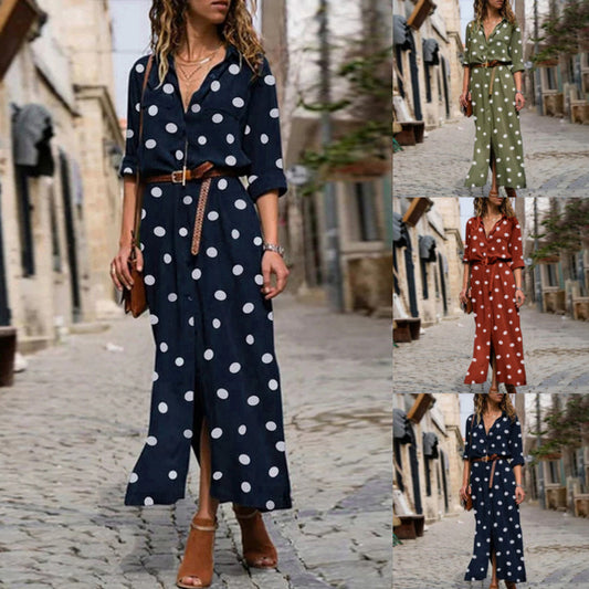 Ladies Fashion Casual Polka Dot Maxi Shirt Dress