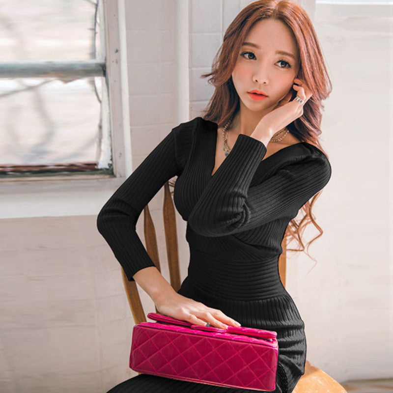 Autumn And Winter Women'S Temperament V-Neck Sexy Halter Mid-Length Base Knitted Dress Female Slim