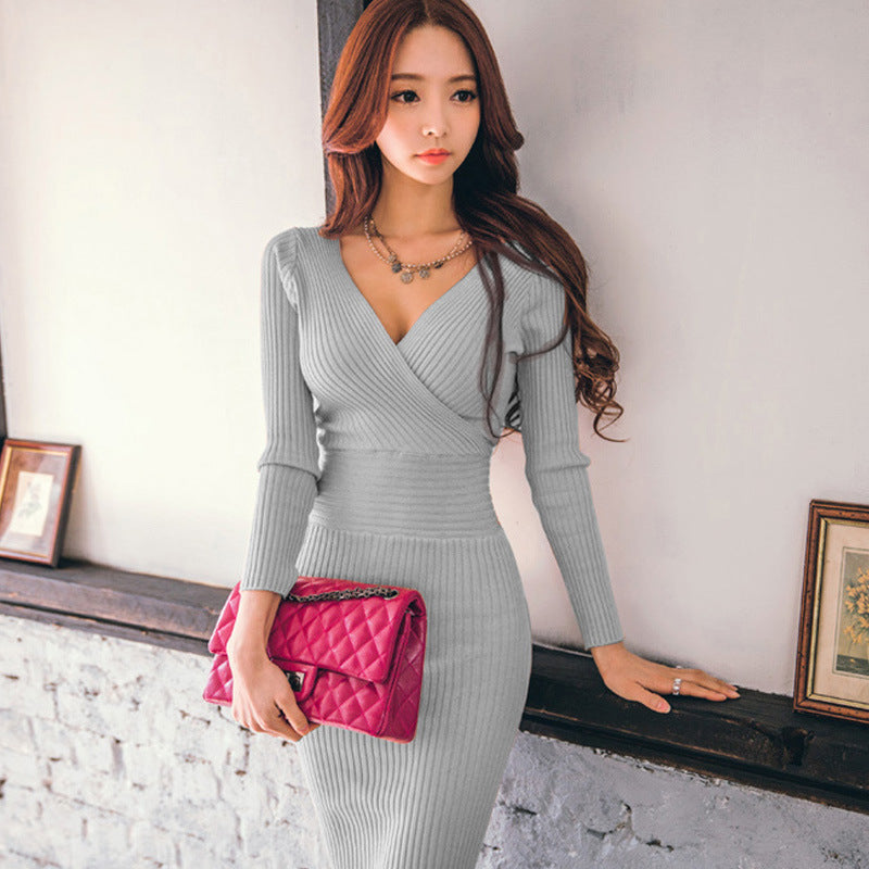 Autumn And Winter Women'S Temperament V-Neck Sexy Halter Mid-Length Base Knitted Dress Female Slim
