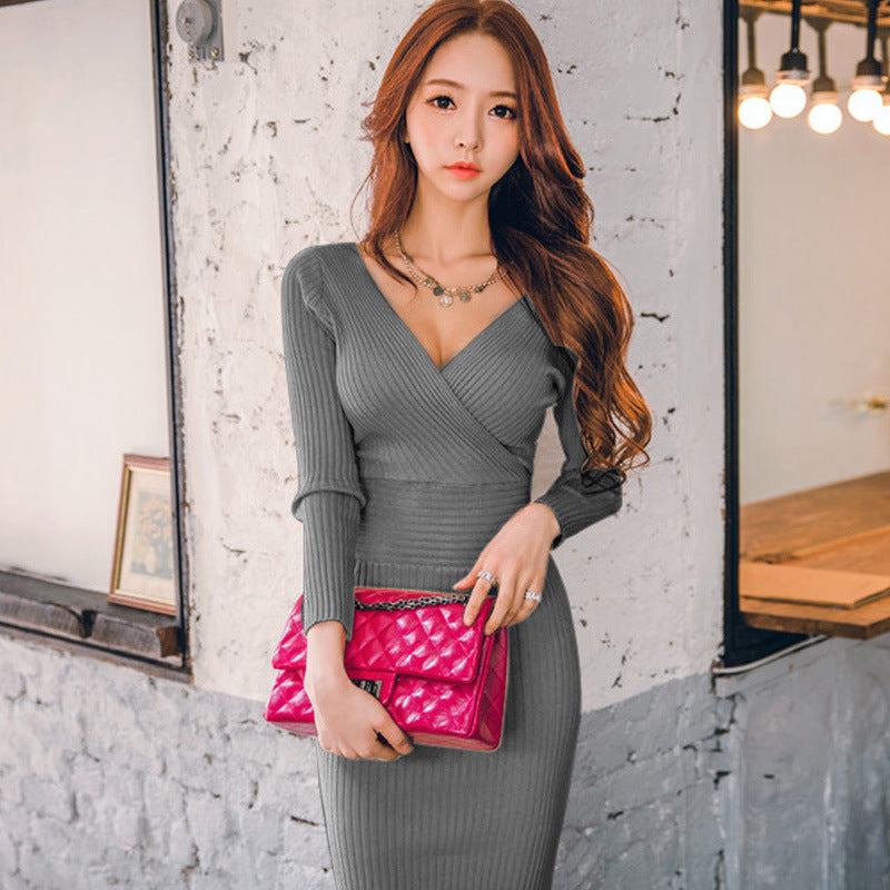 Autumn And Winter Women'S Temperament V-Neck Sexy Halter Mid-Length Base Knitted Dress Female Slim