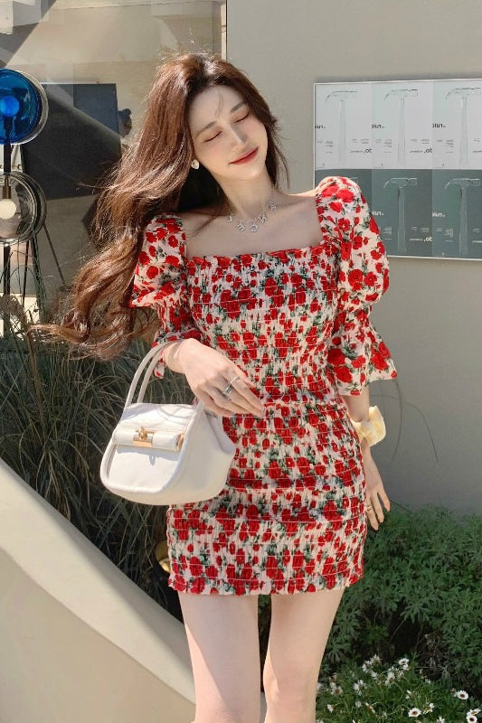 Fat MM French Tea Break Floral Dress 2021 Summer Large Size, Gentle, Slim, Thin, Buttocks Short Skirt Female