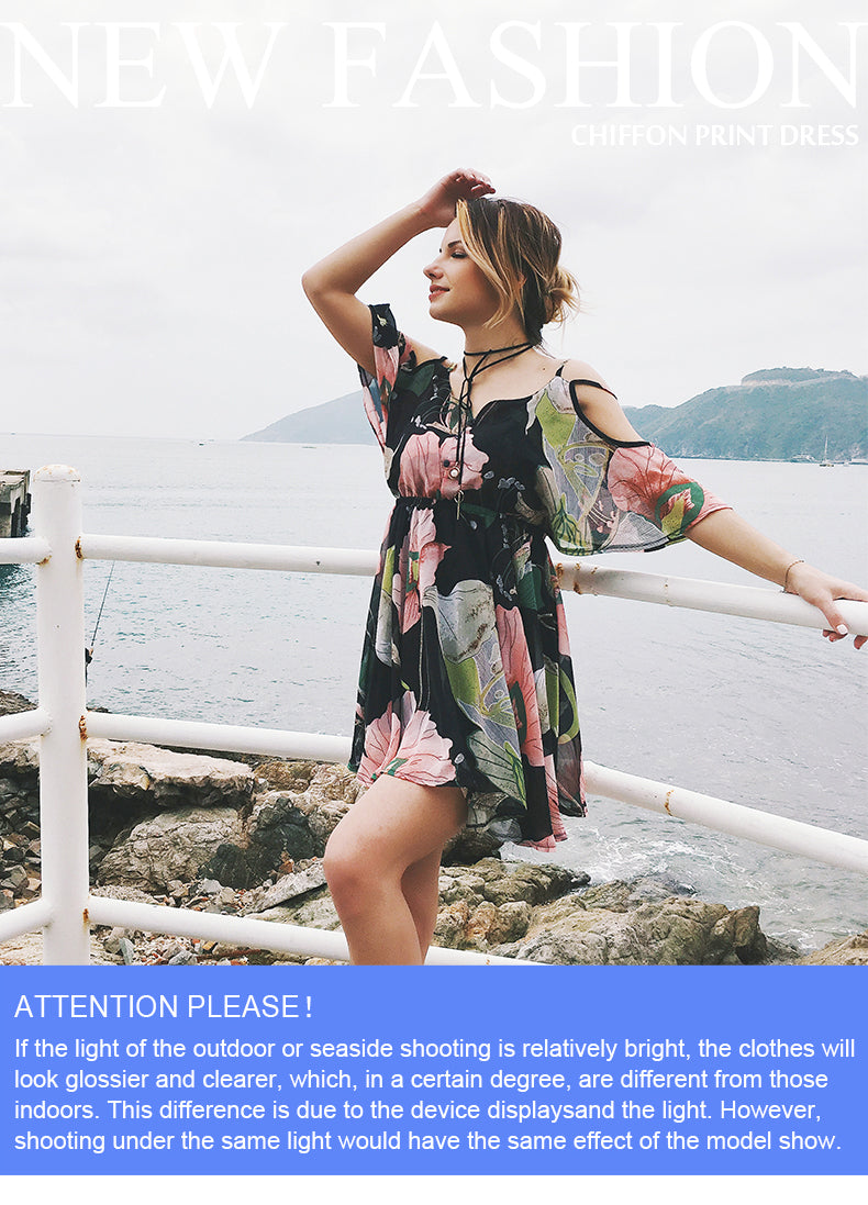 USA SIZE Europe and the United States large size V-neck off-the-shoulder dress skirt print waist ruffled chiffon dress beach skirt