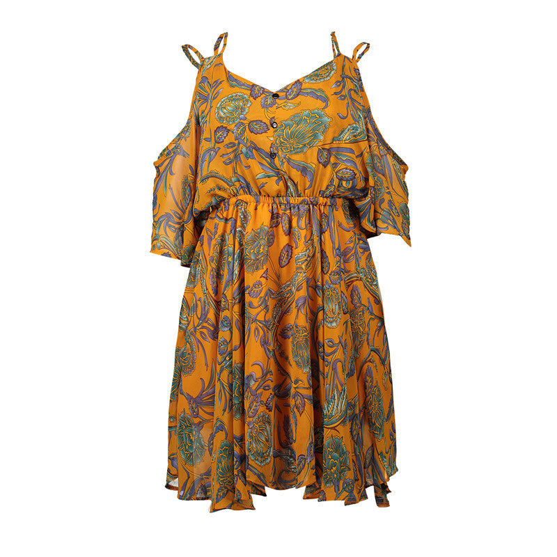 USA SIZE Europe and the United States large size V-neck off-the-shoulder dress skirt print waist ruffled chiffon dress beach skirt