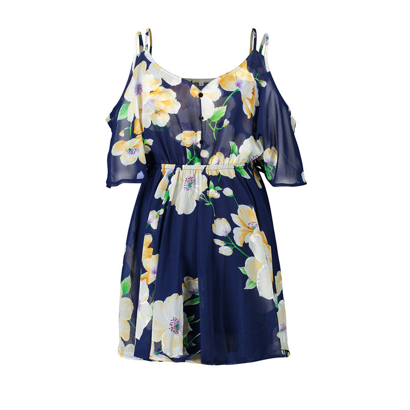 USA SIZE Europe and the United States large size V-neck off-the-shoulder dress skirt print waist ruffled chiffon dress beach skirt